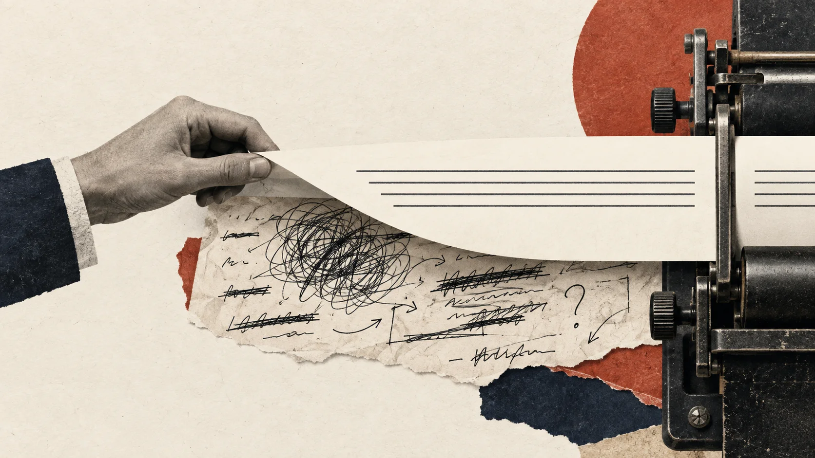 Editorial illustration of polished AI-generated language obscuring an unfinished human thought