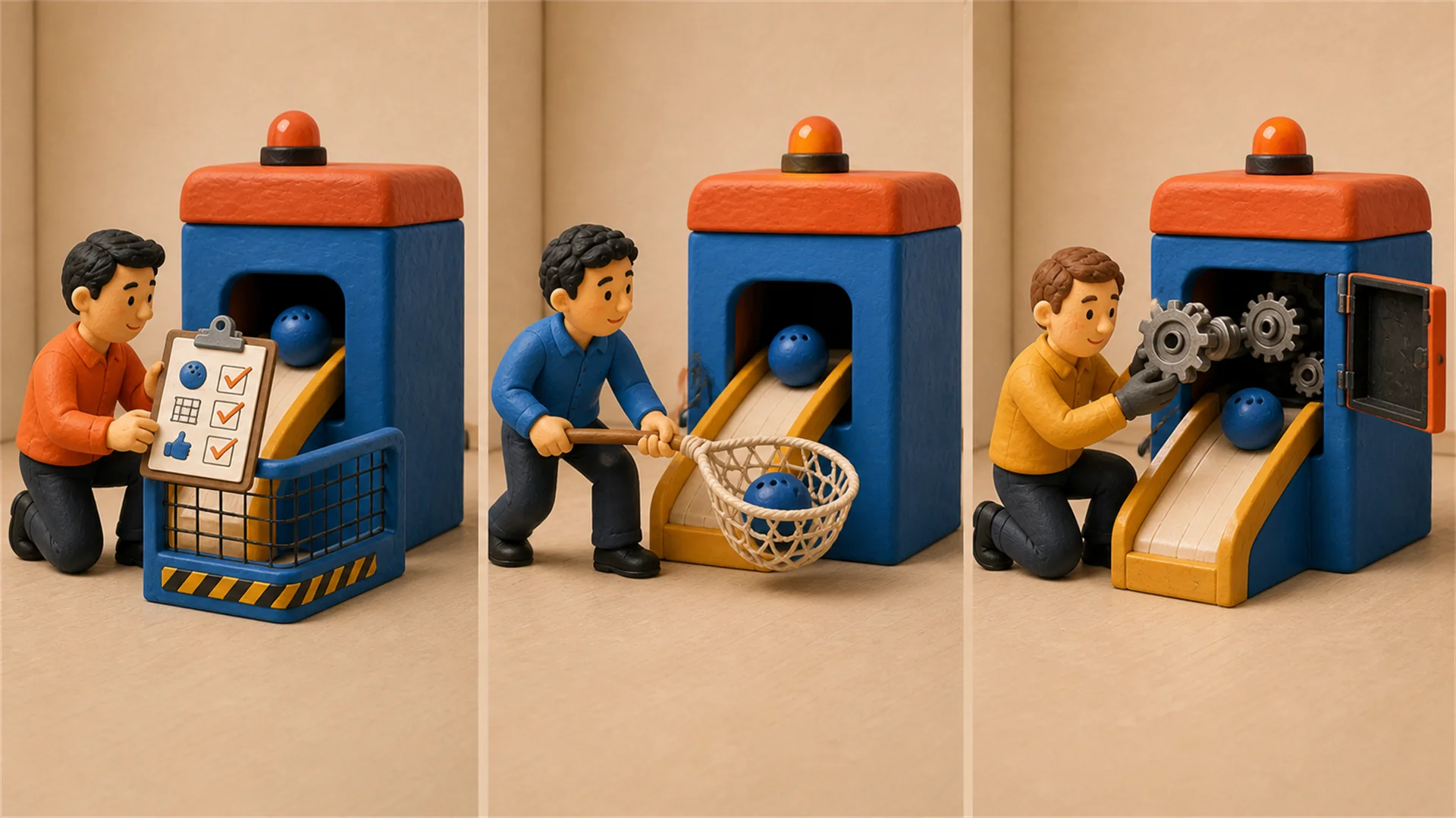 Editorial illustration of prevention, troubleshooting and problem solving connected to work on a factory floor