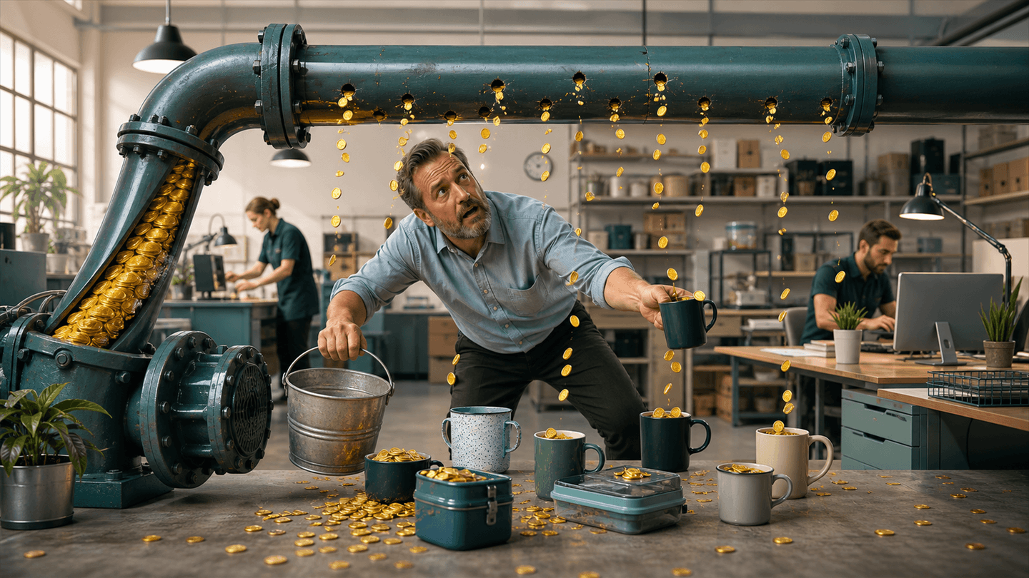 Clay-diorama showing small leaks weakening a business result