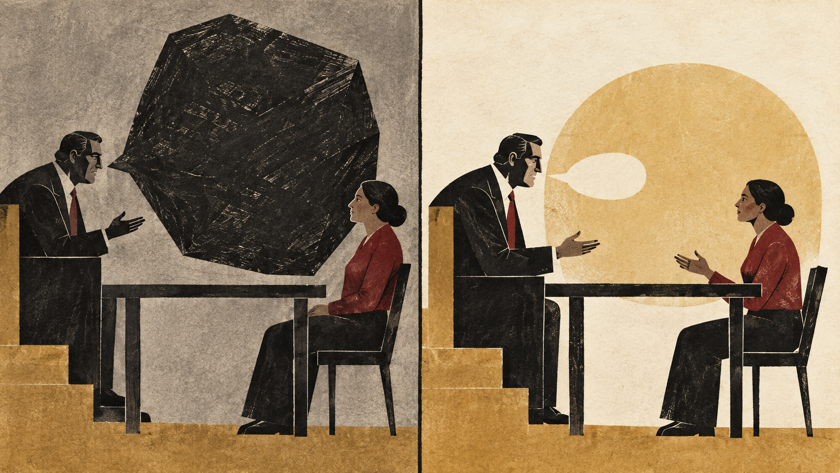 Two-panel paper collage contrasting heavy, obstructive speech with clear language that leaves room for a reply